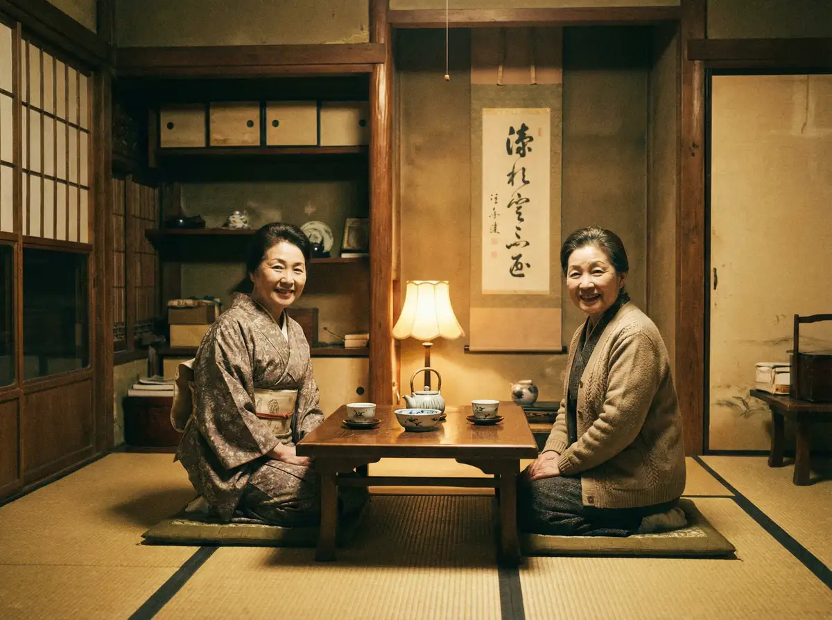 两位优雅的 涩漫 在日式茶室中品茶交谈